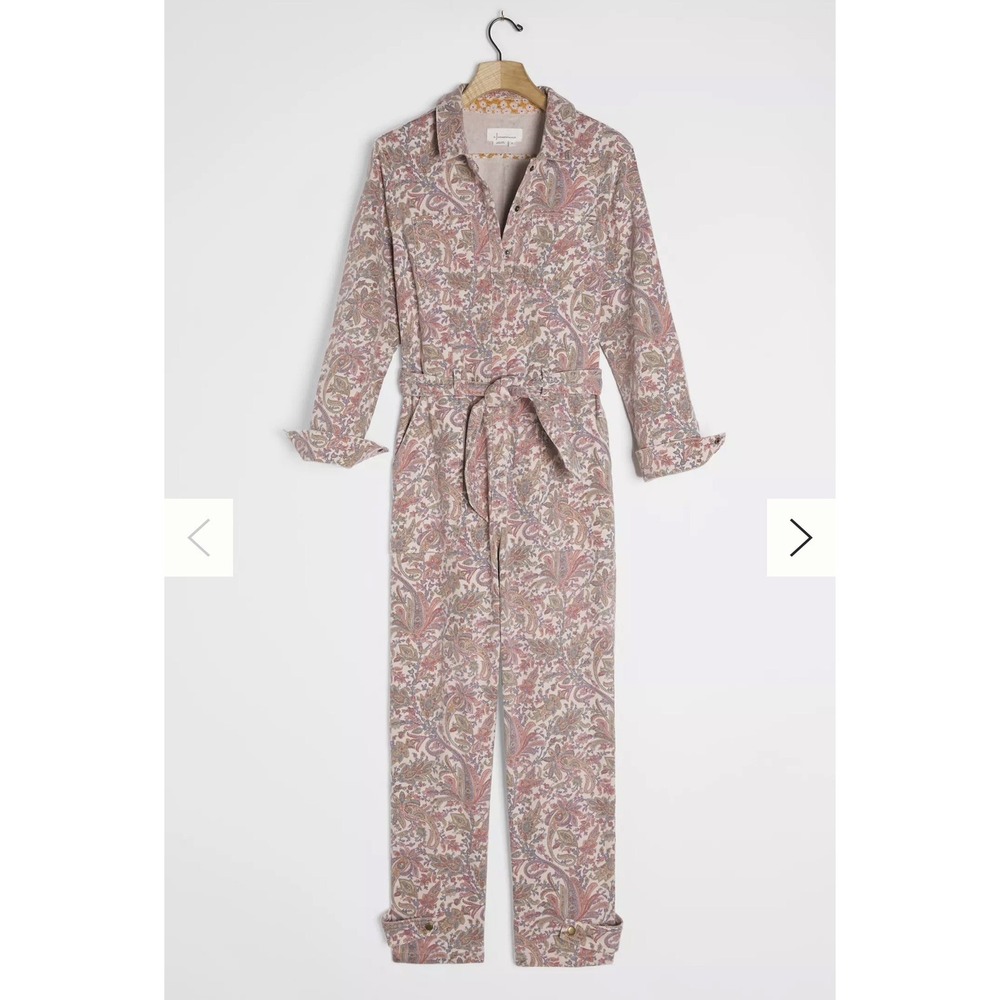 Anthropologie Paisley Pink Utility Jumpsuit Size M Belted Boho Button Front